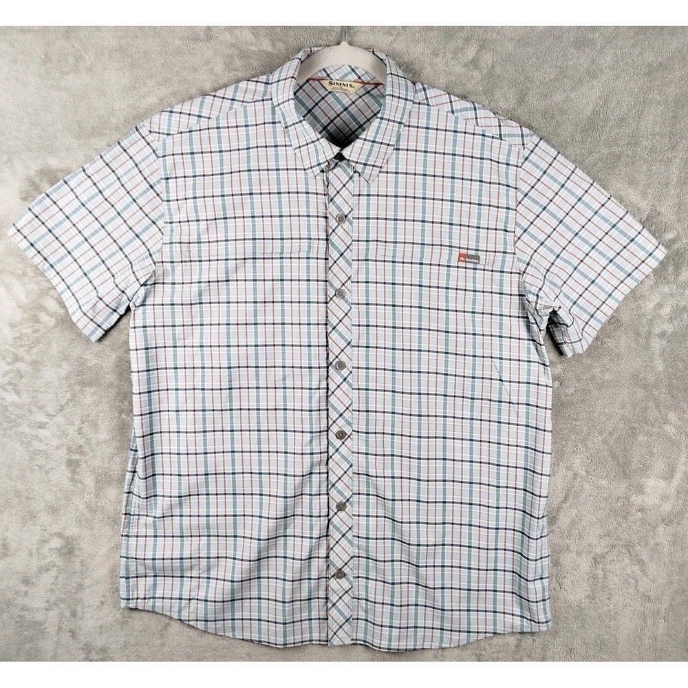 Simms Fishing Shirt Button Up Plaid Blue Mens Large Short Sleeve Outdoor